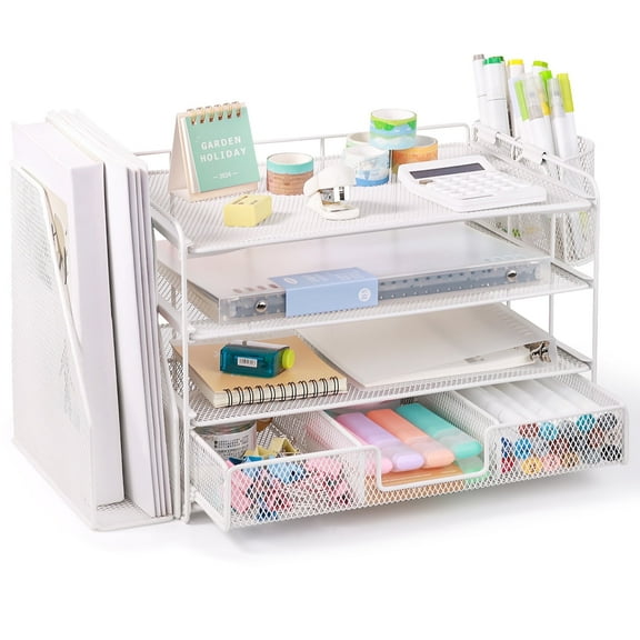 Livhil Desktop Organizer 4-Tier Desk Organizers Sets and Storage, File Organizers for Desk Drawer Organizer, Paper Organizer for Desk (White)