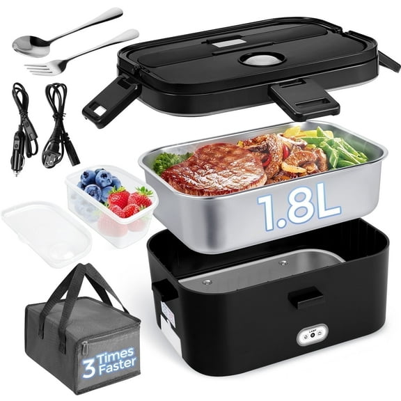 Livhil Electric Lunch Box Food Heater, Portable Food Warmer, Hot Lunch Warmer Heated Lunch Box for Adults, 60W 1.8L 12V-24V 110V Stainless Steel Container Portable Food Heater (Black Black)