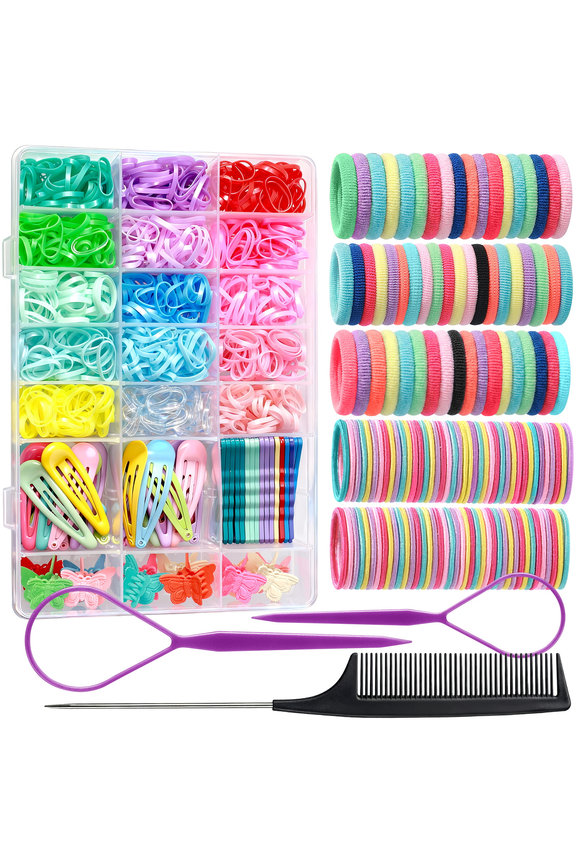 Colorful Rubber Bands for Hair, Elastic Hair Ties for Girls, Hair Accessories Set with Organizer Butterfly Hair Clips Ponytail Holders