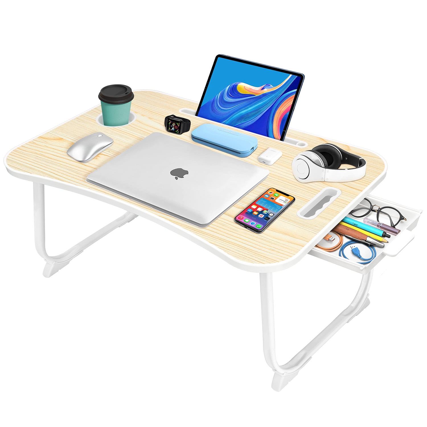Livhil Portable Folding Lap Desk with Storage & Cup Holder, White Maple