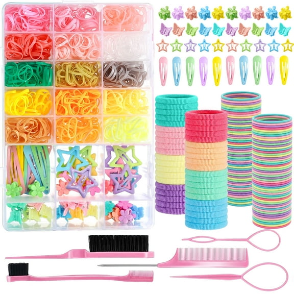 Livhil 24 Colors Hair Rubber Bands with Tail Hair Tools and Hair Clips, 1695 Pcs Elastic Small Hair Ties, Hair Accessories