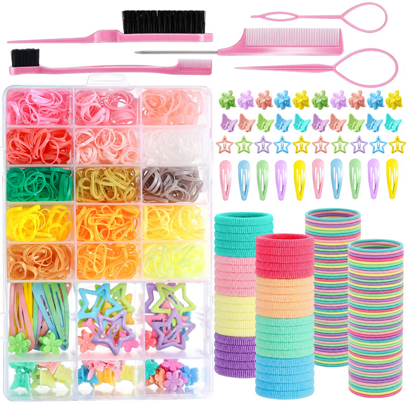 Livhil 24 Colors Hair Rubber Bands with Tail Hair Tools and Hair Clips, 1695 Pcs Elastic Small Hair Ties, Hair Accessories