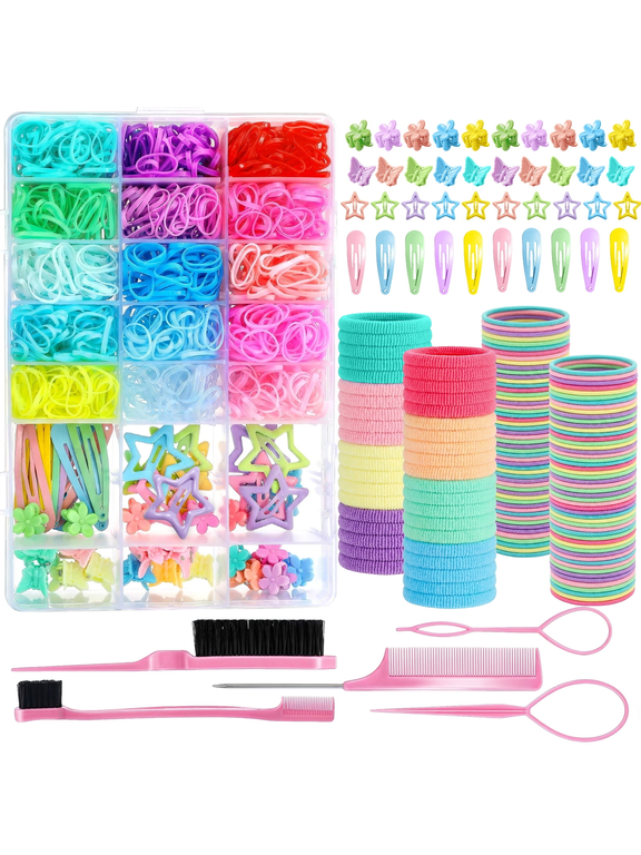Hair Ties, 24 Colors Hair Accessories for Girls, Rubber Bands for Hair, Elastic Hair Ties and Hair Clips, 1695pcs Girls Hair Ties