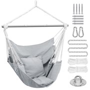 Livhil Hammock Chair Hanging Rope Swing Chair , Camping Outdoor Hammock Chair for Bedroom Portable Detachable Metal Support Bar Hanging Chair Swing Kit, Max 330 lbs (Light Grey)