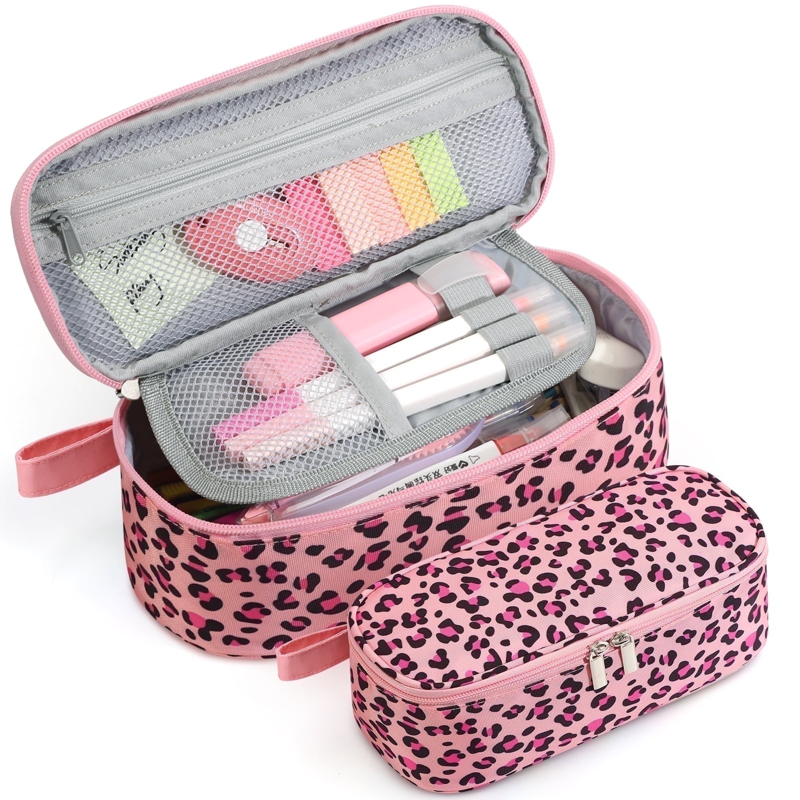 Livhil Large Pencil Case, Pink Leopard Pencil Pouch with Zipper