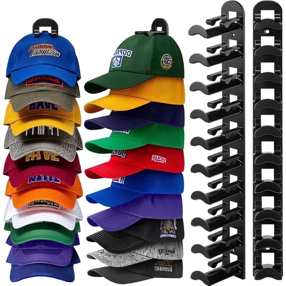 Livhil 2 Pack Hat Rack for Baseball Caps, Adhesive Hat Holder for Wall, Baseball Hat Storage Hold Up to 20 Hats(B-Black)