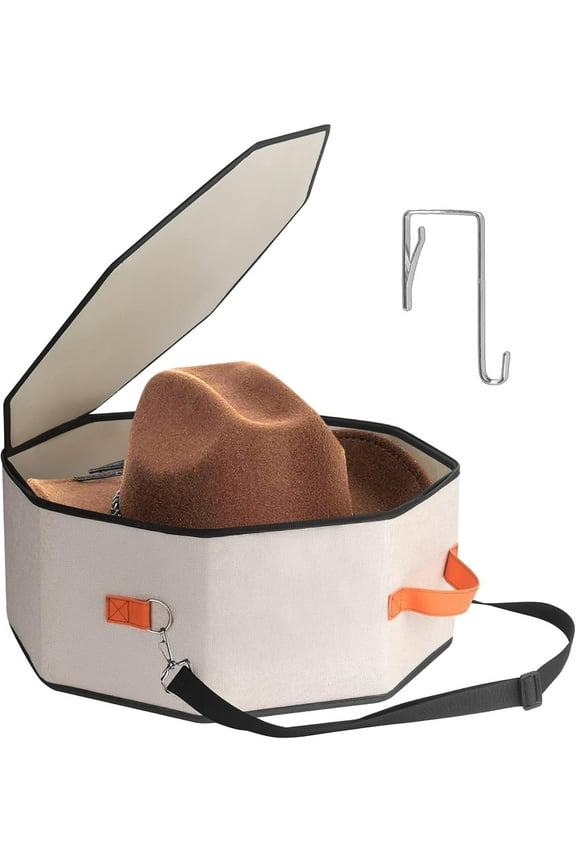 Hat Storage Box for Women & Men, Hat Boxes with 1 Door Hook Cowboy Hat Box for Travel (Beige)