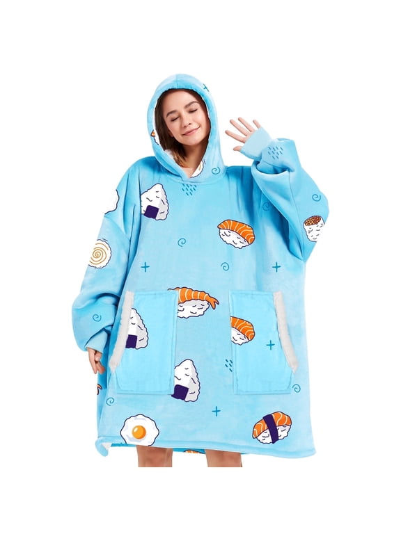 Huge Wearable Blanket Hoodie, Oversized Sherpa Blanket Hoodie Sweatshirt for Women Men Adults, Super Warm, Cozy, Soft and Fuzzy Hoodie Blanket (Custom Sushi)