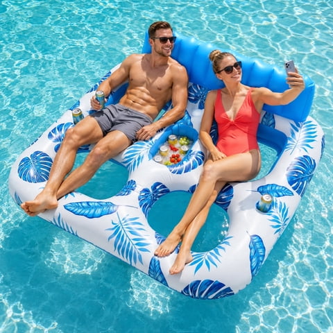 Livhil Inflatable Pool Float, 2 Person Pool Floats for Adults, Double Inflatable Lounger Pool Raft with Backrest & Cup Holders, Summer Water Fun for Pool Beach Lake, Blue