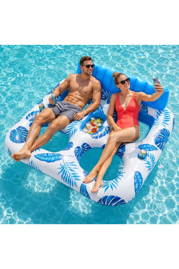 Inflatable Pool Float, 2 Person Pool Floats for Adults, Double Inflatable Lounger Pool Raft with Backrest & Cup Holders, Summer Water Fun for Pool Beach Lake, Blue