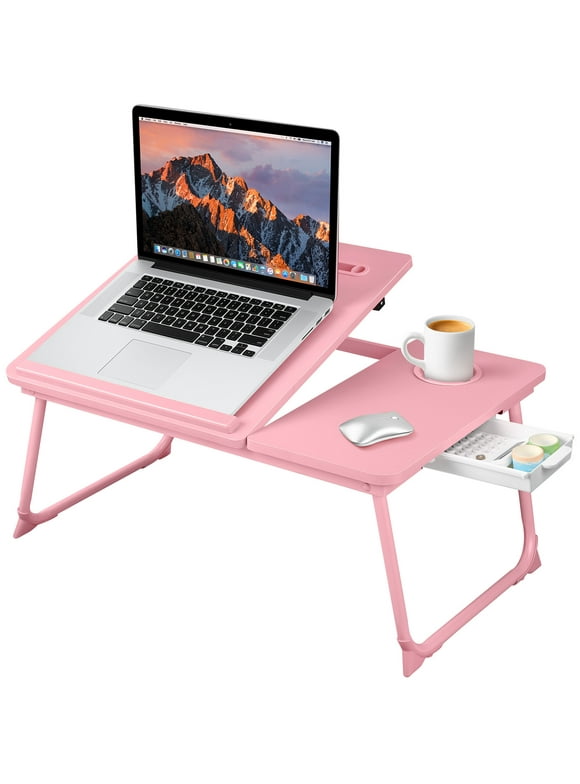 Livhil Lap Desk- Extra Large 23Inch Laptop Desk for Bed, Foldable Bed Desk Bed Table Tray with 5 Angles Tilting Top, Height Adjustable Laptop Stand with Cup Holder, Pink