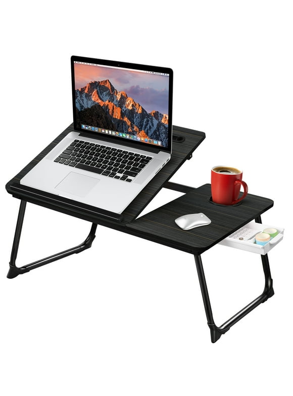 Livhil Lap Desk- Extra Large 23Inch Laptop Desk, Foldable Bed Desk Bed Table Tray with 5 Angles Tilting Top, Height Adjustable Laptop Stand with Cup Holder, Black