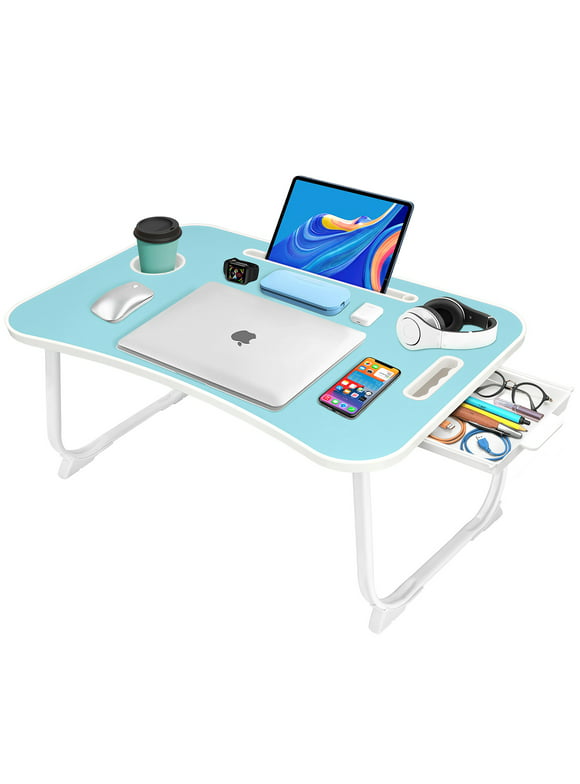 Livhil Lap Laptop Desk, Portable Foldable Laptop Bed Table with Storage Drawer and Cup Holder, Bed Desk Laptop Bed Stand Tray Table Serving Tray, Blue School Supplies