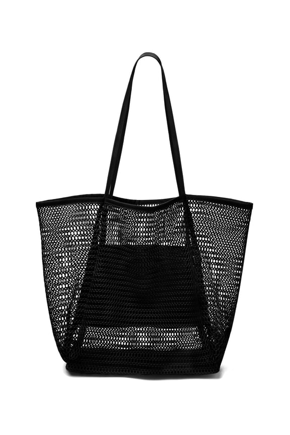 Large Beach Mesh Tote Bag, Foldable Beach Tote Bag Waterproof Sandproof for Beach Picnic Vacation (Black)
