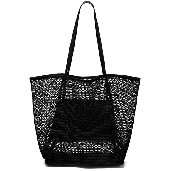 Livhil Large Beach Mesh Tote Bag, Foldable Beach Tote Bag Waterproof Sandproof for Beach Picnic Vacation (Black)