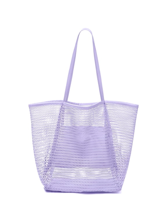 Large Beach Mesh Tote Bag, Foldable Beach Tote Bag Waterproof Sandproof for Beach Picnic Vacation (Purple)