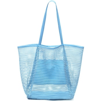Livhil Large Beach Mesh Tote Bag, Foldable Beach Tote Bag Waterproof Sandproof for Beach Picnic Vacation (Sky-Blue)