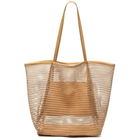 Livhil Large Beach Mesh Tote Bag, Foldable Beach Tote Bag Waterproof Sandproof for Beach Picnic Vacation (Kakhi)