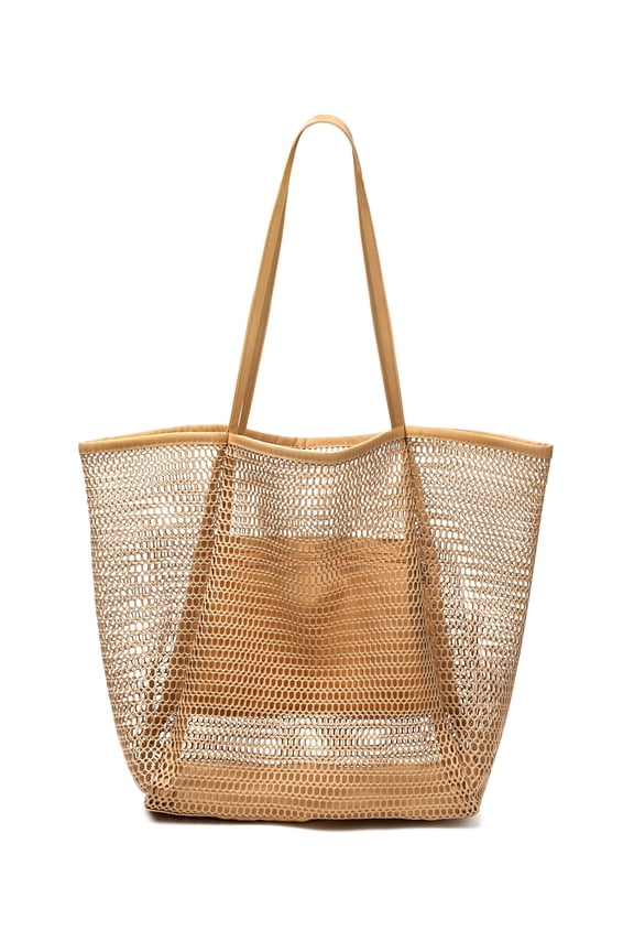 Large Beach Mesh Tote Bag, Foldable Beach Tote Bag Waterproof Sandproof for Beach Picnic Vacation (Kakhi)