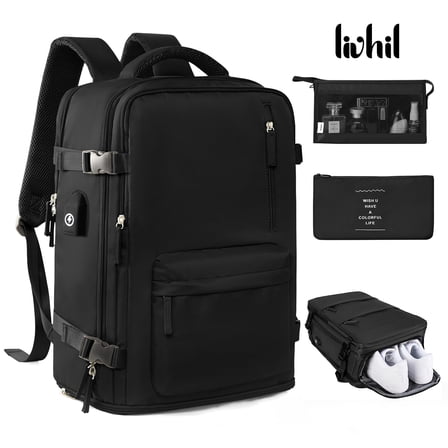 Livhil Travel Backpack for Women & Men, Travel Backpack Carry on Flight Approved Fits 16" Laptop, Black