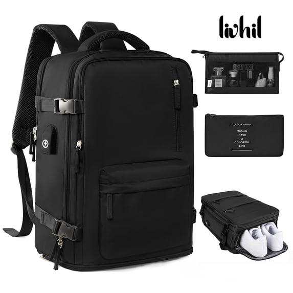 Livhil Travel Backpack for Women & Men, Travel Backpack Carry on Flight Approved Fits 16" Laptop, Black