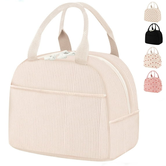 Livhil Corduroy Lunch Bag for Women, Reusable Cute Lunch Tote Bag Insulated lunch Bag for Work Picnic, Beige
