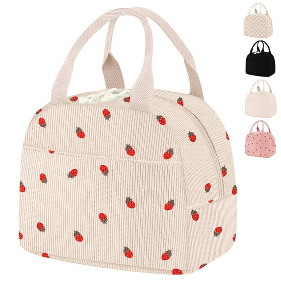 Livhil Corduroy Lunch Bag for Women, Reusable Cute Lunch Tote Bag Insulated lunch Bag for Work Picnic, Beige Strawberry