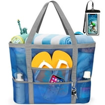 Livhil Mesh Beach Bag, Mesh Tote Bag for Women Oversized Beach Tote Bag with 9 Pockets (Blue)