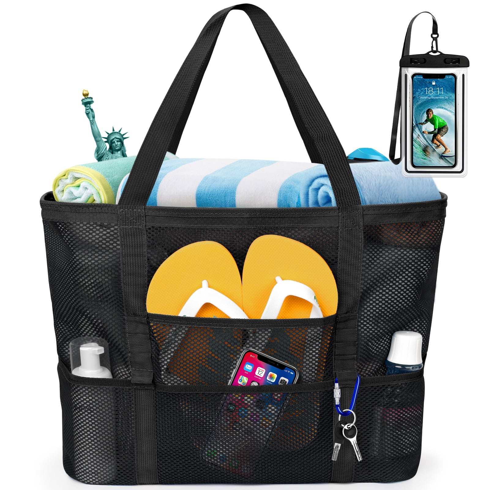 Livhil XL Waterproof, Extra Large Mesh Beach Bag & Tote with 9 Pockets for Women, Perfect for Picnic (Black)