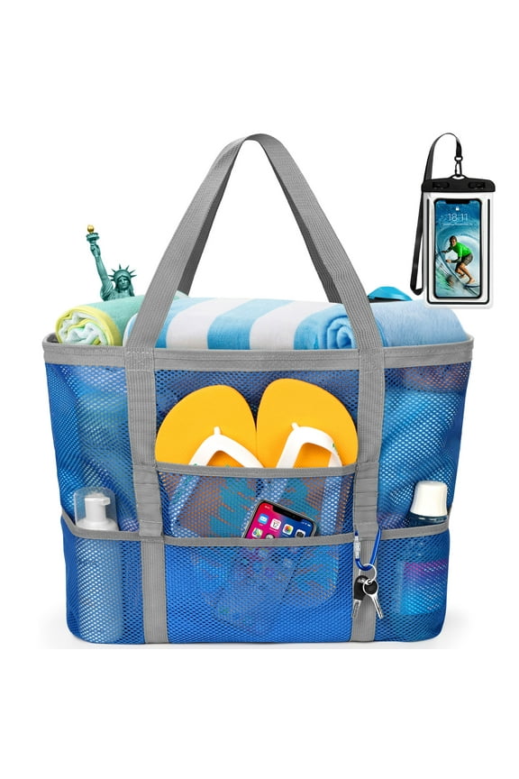 Mesh Beach Bag Rope Handles, Mesh Tote Bag for Women Contains Wicker Oversized Beach Tote Bag with 9 Small Pockets (Blue)