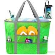 Mesh Beach Bag Rope Handles, Mesh Tote Bag for Women Contains Wicker Oversized Beach Tote Bag with 9 Small Pockets  (Gre
