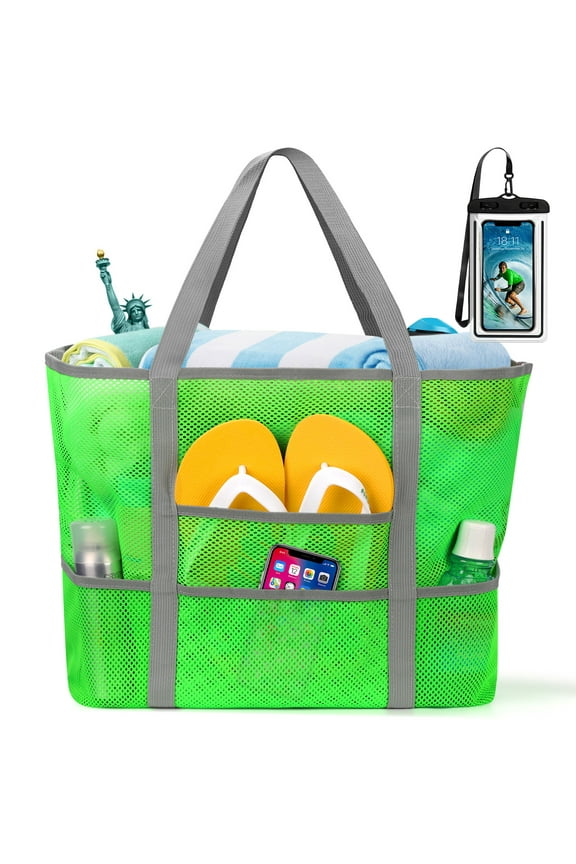Mesh Beach Bag Rope Handles, Mesh Tote Bag for Women Contains Wicker Oversized Beach Tote Bag with 9 Small Pockets  (Green)