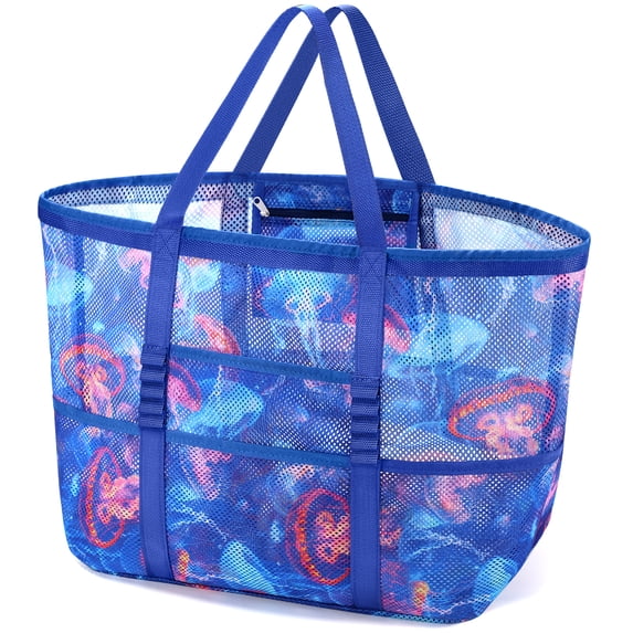 Livhil Mesh Beach Bag Rope Handles, Mesh Tote Bag for Women Contains Wicker Oversized Beach Tote Bag with 9 Small Pockets (Jellyfish)