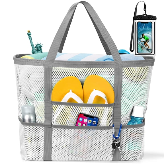 Livhil Mesh Beach Bag Rope Handles, Mesh Tote Bag for Women Contains Wicker Oversized Beach Tote Bag with 9 Small Pockets (White)