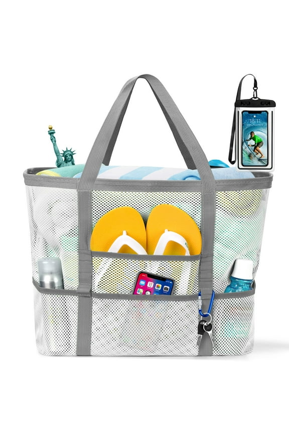 Mesh Beach Bag Rope Handles, Mesh Tote Bag for Women Contains Wicker Oversized Beach Tote Bag with 9 Small Pockets (White)