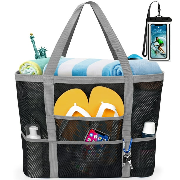 Livhil Mesh Beach Bag , Safe Mesh Tote Bag for Picnic Women Oversized Beach Tote Bag with 9