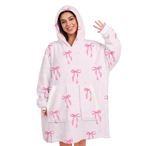 Livhil Oversized Sherpa Wearable Blanket, the Comfy Blanket Hoodie with Pockets, a Variety of Cute-Patterned Blanket Hoodies for Women(Bow)