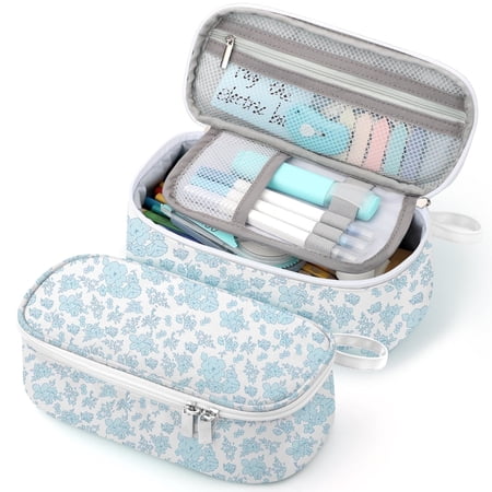 Livhil Cute Pencil Case, Large Capacity Pen Pouch Handheld Pencil Bag, Pencil Box for Kids Elementary School Supplies, Blue Flower