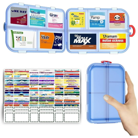 Livhil Daily Use Pill Organizer with Labels, Pill Box Easy to Open 10 Compartments, Portable Travel Pill Case (Blue)