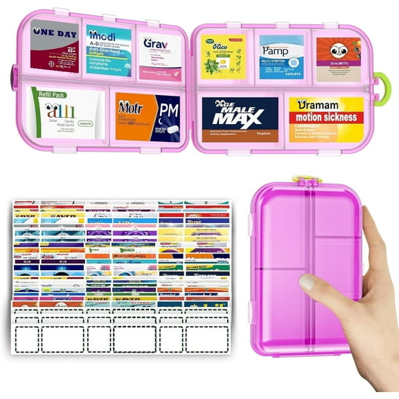Livhil Daily Use Pill Organizer with Labels, Pill Box Easy to Open 10 Compartments, Portable Travel Pill Case (Pink)
