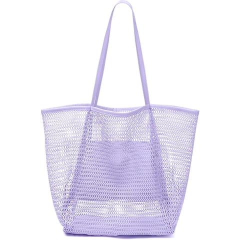 Large Beach Mesh Tote Bag, Foldable Beach Tote Bag Waterproof Sandproof for Beach Picnic Vacation (Purple)
