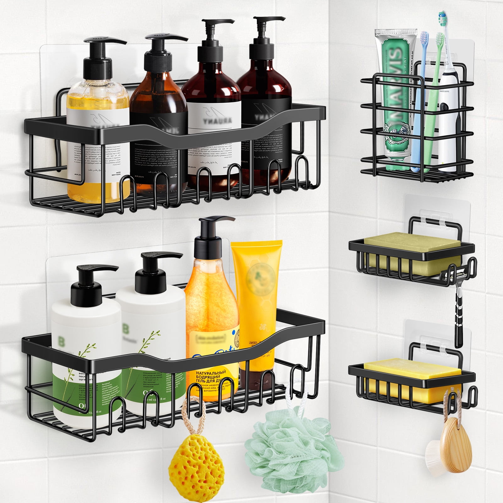 Veluckin Shower Caddy 6 Pack,Shower Shelves,No Drilling,Large  Capacity,Adhesive Shower Organizer for Bathroom Storage&Kitchen(Black)