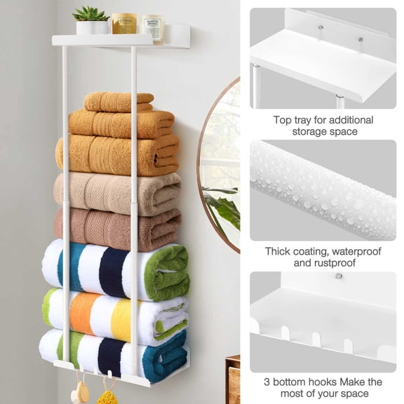 Livhil Wall Towel Rack for Rolled Towels, New Upgrade Towel Racks for Bathroom Wall Mounted, Bathroom Bar Towel Storage, Metal Bath Towel Holder for Folded Large Towel Washcloths, White