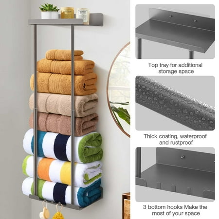 Livhil Wall Towel Rack for Rolled Towels, New Upgrade Towel Racks for Bathroom Wall Mounted, Bathroom Bar Towel Storage, Metal Bath Towel Holder for Folded Large Towel Washcloths, Gray
