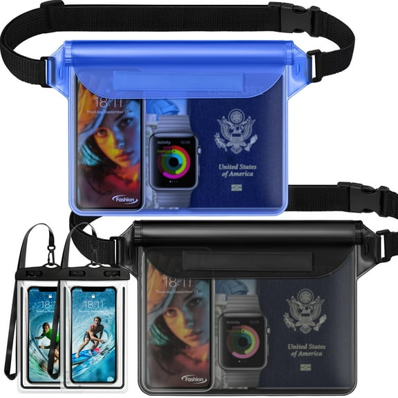 Livhil Waterproof Dry Bag and Waterproof Cell Phone Bag for Outdoor Water Sports, Waterproof Pouch Bag Case (2 * Phone Case(Clear)   2 * Fanny Pack(Black Blue))