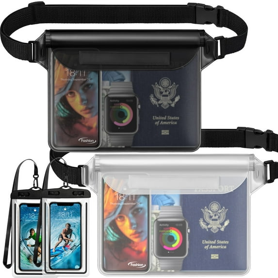 Livhil Waterproof Dry Bag and Waterproof Cell Phone Bag for Outdoor Water Sports,Waterproof Pouch Bag Case (2 * Phone Case(Clear) + 2 * Fanny Pack(Black+White))