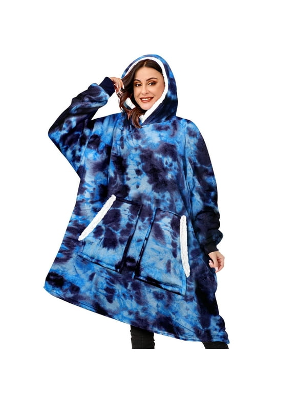 Wearable Blanket Hoodie, Oversized Sherpa Blanket Hoodie Sweatshirt for Adults Women, Extremely Cozy, Warm, Soft and Fuzzy Hoodie Blanket (Tie Dye Blue)
