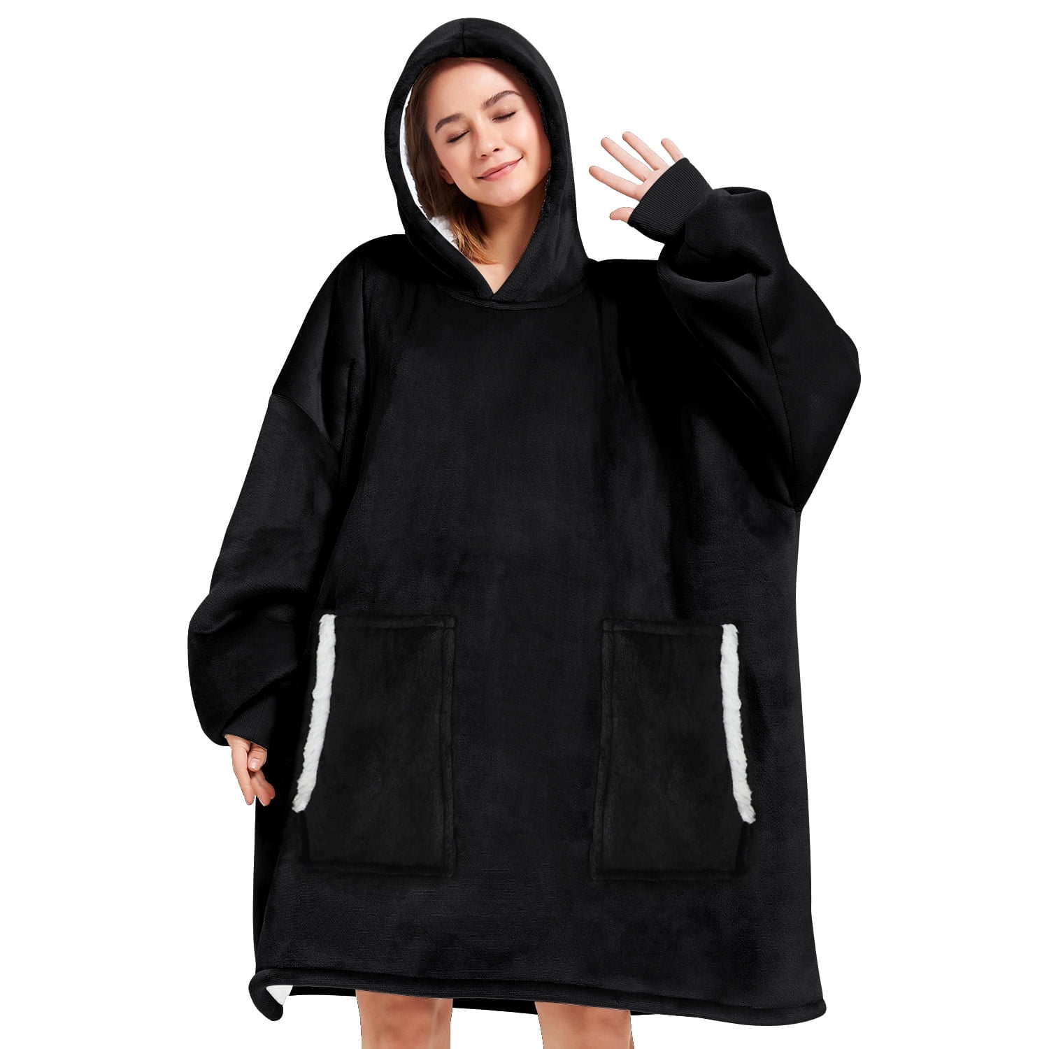 livhil Oversized Sherpa Wearable Blanket Hoodie, Fluffy Fleece Sweatshirt with Pockets, Black