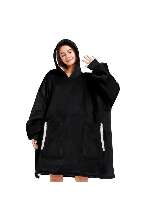 Wearable Blanket Hoodie, Oversized Sherpa Blanket Hoodie Sweatshirt Cute Hoodie for Adults Fall Women Men , Warm up Neck Hoodie Blanket with Pockets (Black)
