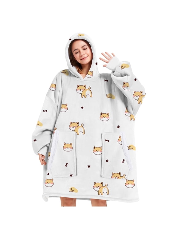 Wearable Blanket Hoodie, Oversized Sherpa Blanket Hoodie Sweatshirt for Women Men Adults, Super Warm, Cozy, Soft and Fuzzy Hoodie Blanket (Custom Dog)